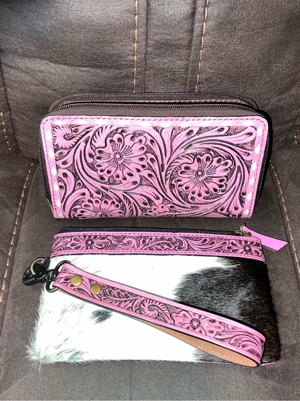 Pink Floral Tooled Leather Wallet and Wristlet Set